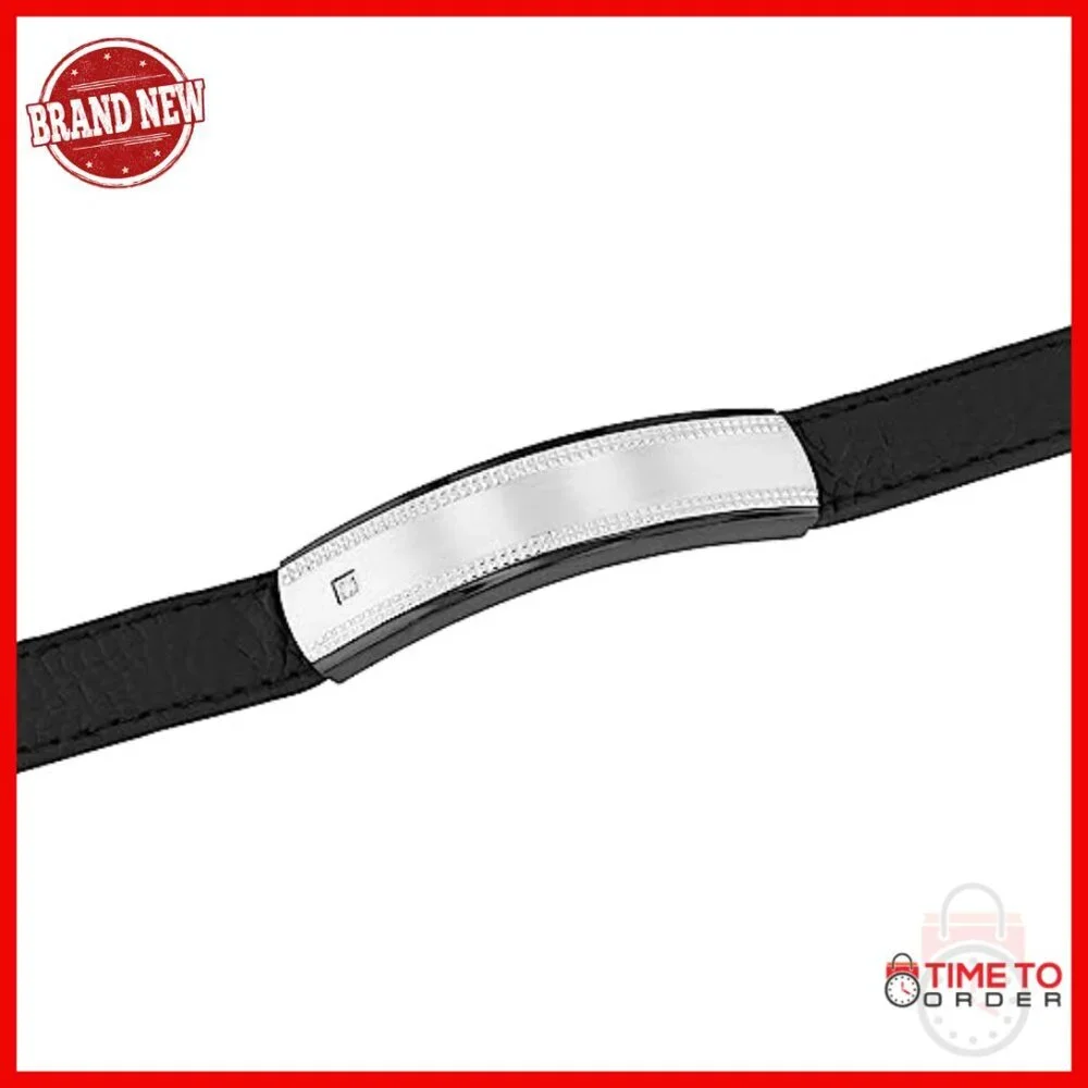 Men's Stainless Steel Leather ID Bracelet with Diamond Accent Fold Over Clasp